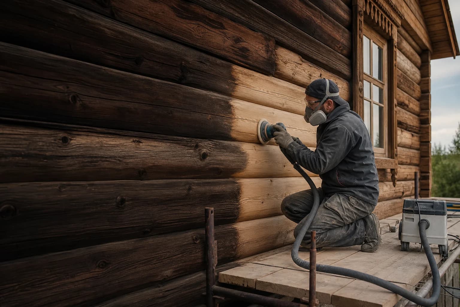 Шлифовка фасада деревянного дома с удалением пыли